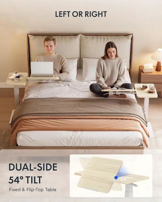 Alt view image 4 of 7 - Adjustable Height C-Shaped End Table with Split Tilting Top Mobile Side Table for Sofa & Bedside, Slides Under Furniture, Hidden Wheels for Small Spaces(31.6"W x 15.7"D,White Wood Grain)