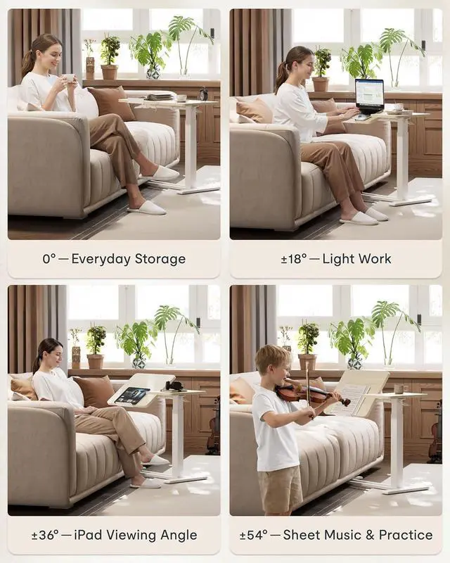 Alt view image 5 of 7 - Adjustable Height C-Shaped End Table with Split Tilting Top Mobile Side Table for Sofa & Bedside, Slides Under Furniture, Hidden Wheels for Small Spaces(31.6"W x 15.7"D,White Wood Grain)