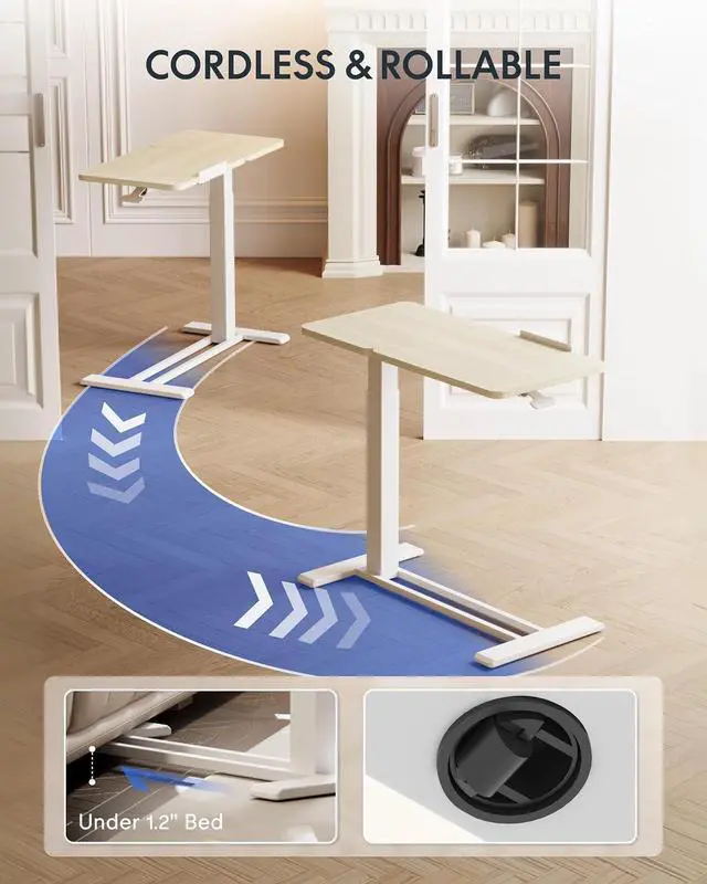 Alt view image 6 of 7 - Adjustable Height C-Shaped End Table with Split Tilting Top Mobile Side Table for Sofa & Bedside, Slides Under Furniture, Hidden Wheels for Small Spaces(31.6"W x 15.7"D,White Wood Grain)