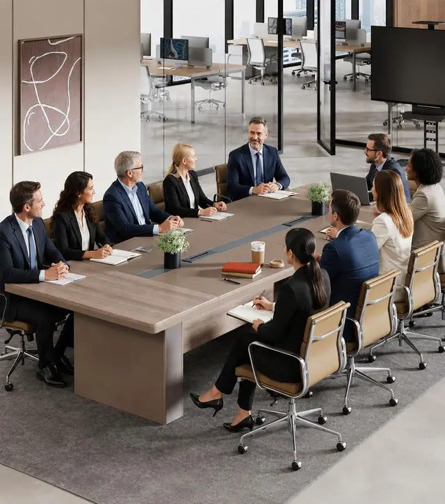 Alt view image 3 of 7 - 12FT Conference Table for 10-12 People, Executive Long Table, Boardroom Meeting Table with 1.61" Thick Tabletop, 2 Rectangle Grommets & Heavy-Duty Base for Office Meeting (142" L * 51" W * 29" H)