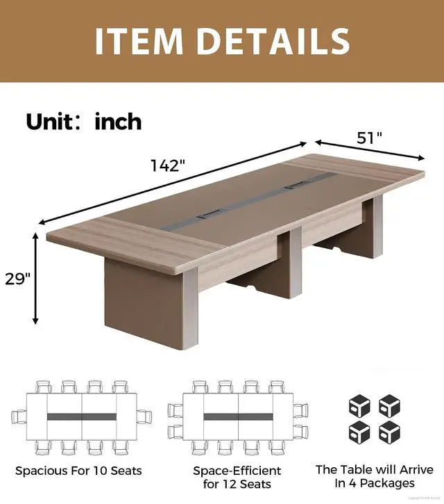 Alt view image 2 of 7 - 12FT Conference Table for 10-12 People, Executive Long Table, Boardroom Meeting Table with 1.61" Thick Tabletop, 2 Rectangle Grommets & Heavy-Duty Base for Office Meeting (142" L * 51" W * 29" H)