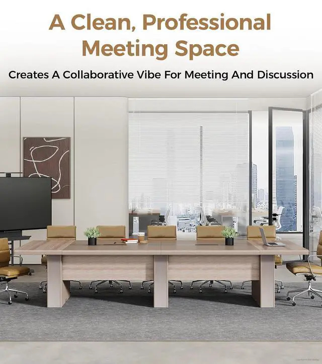 Alt view image 4 of 7 - 12FT Conference Table for 10-12 People, Executive Long Table, Boardroom Meeting Table with 1.61" Thick Tabletop, 2 Rectangle Grommets & Heavy-Duty Base for Office Meeting (142" L * 51" W * 29" H)