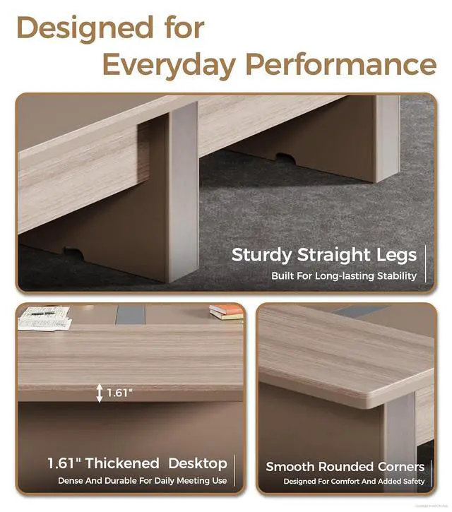 Alt view image 6 of 7 - 12FT Conference Table for 10-12 People, Executive Long Table, Boardroom Meeting Table with 1.61" Thick Tabletop, 2 Rectangle Grommets & Heavy-Duty Base for Office Meeting (142" L * 51" W * 29" H)