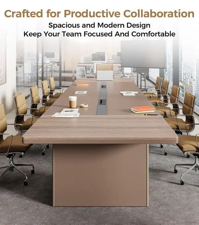 Alt view image 5 of 7 - 12FT Conference Table for 10-12 People, Executive Long Table, Boardroom Meeting Table with 1.61" Thick Tabletop, 2 Rectangle Grommets & Heavy-Duty Base for Office Meeting (142" L * 51" W * 29" H)