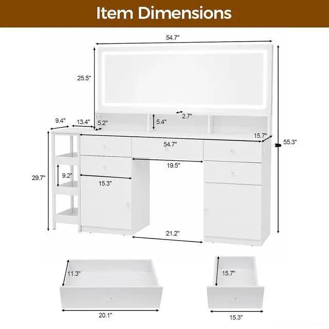Alt view image 2 of 7 - 54.7" Makeup Vanity Desk with LED Lighted Mirror & Charging Station, White Vanity Table Set with 5 Drawers & 2 Storage Cabinets, 3-Tier Shelf & Hairdryer Rack, Modern Bedroom Dressing Table-White