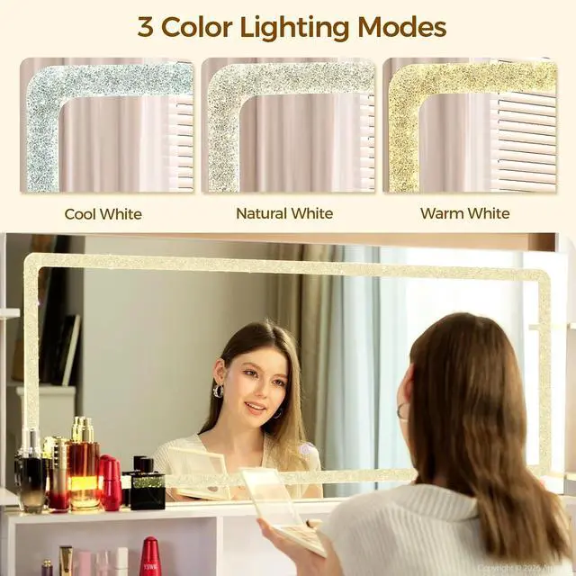 Alt view image 4 of 7 - 54.7" Makeup Vanity Desk with LED Lighted Mirror & Charging Station, White Vanity Table Set with 5 Drawers & 2 Storage Cabinets, 3-Tier Shelf & Hairdryer Rack, Modern Bedroom Dressing Table-White