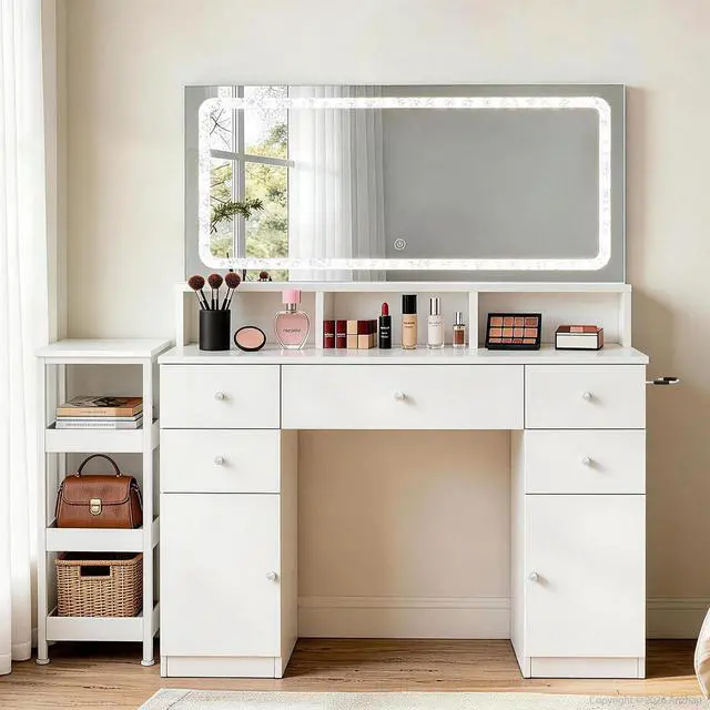 Alt view image 3 of 7 - 54.7" Makeup Vanity Desk with LED Lighted Mirror & Charging Station, White Vanity Table Set with 5 Drawers & 2 Storage Cabinets, 3-Tier Shelf & Hairdryer Rack, Modern Bedroom Dressing Table-White