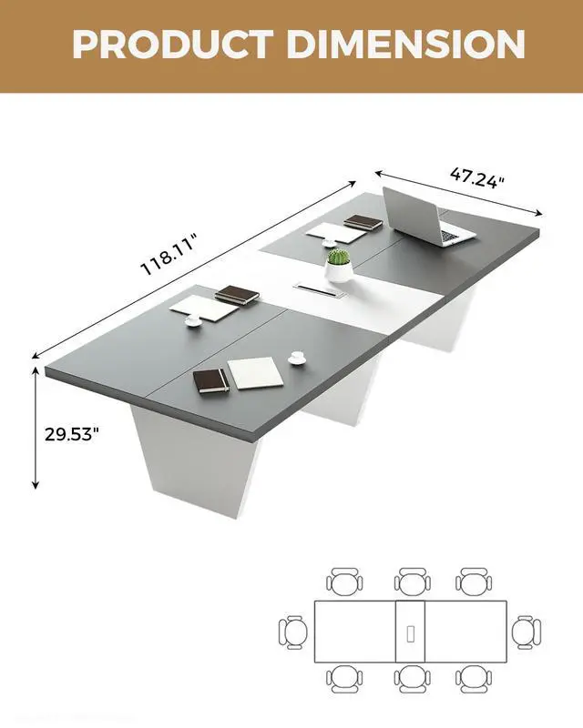 Alt view image 2 of 7 - 10-Foot Conference Table for 10 People, Business Style Meeting Table with Rectangle Grommet, 2.13" Thick Tabletop & Heavy-Duty Base (118" L x 47" W x 29" H)
