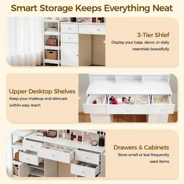 Alt view image 7 of 7 - 54.7" Makeup Vanity Desk with LED Lighted Mirror & Charging Station, White Vanity Table Set with 5 Drawers & 2 Storage Cabinets, 3-Tier Shelf & Hairdryer Rack, Modern Bedroom Dressing Table-White