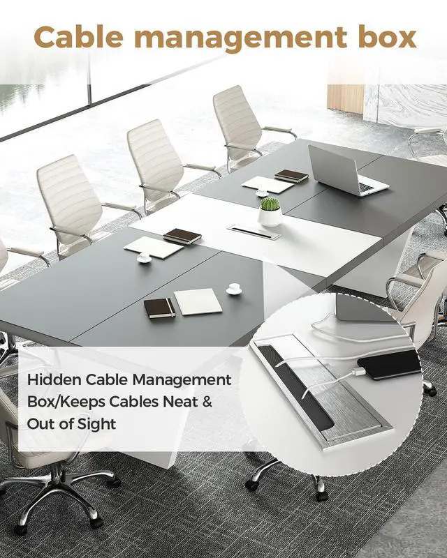 Alt view image 6 of 7 - 10-Foot Conference Table for 10 People, Business Style Meeting Table with Rectangle Grommet, 2.13" Thick Tabletop & Heavy-Duty Base (118" L x 47" W x 29" H)