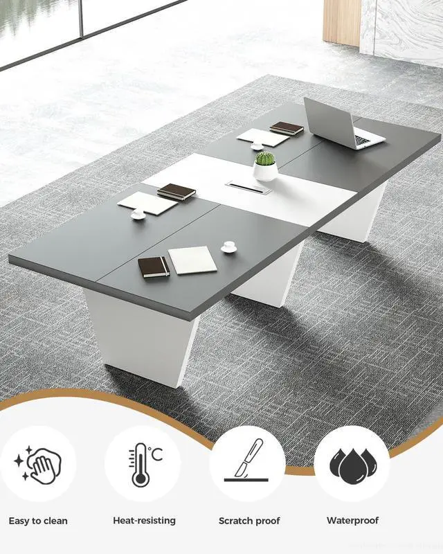 Alt view image 7 of 7 - 10-Foot Conference Table for 10 People, Business Style Meeting Table with Rectangle Grommet, 2.13" Thick Tabletop & Heavy-Duty Base (118" L x 47" W x 29" H)