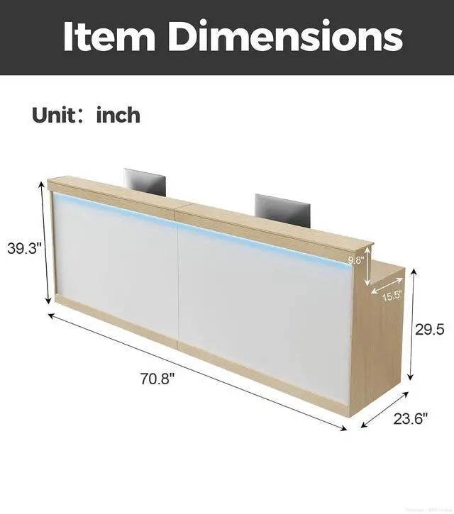 Alt view image 2 of 7 - 71" Reception Desk with LED Lights & Keyboard Tray, Front Desk Reception Counter with Lockable Drawer, Enclosed Cabinet & Cable Grommet for Office, Salon, Lobby, Clinic, Retail (Maple & White)