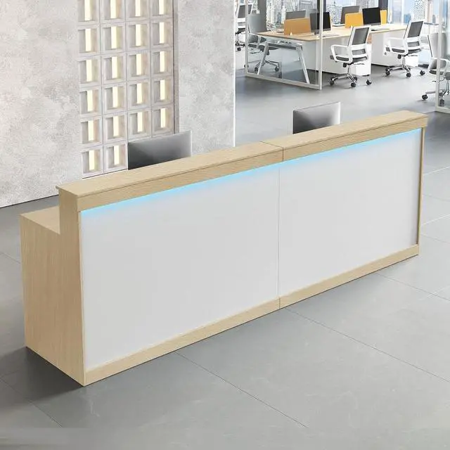 Main image of 71" Reception Desk with LED Lights & Keyboard Tray, Front Desk Reception Counter with Lockable Drawer, Enclosed Cabinet & Cable Grommet for Office, Salon, Lobby, Clinic, Retail (Maple & White)
