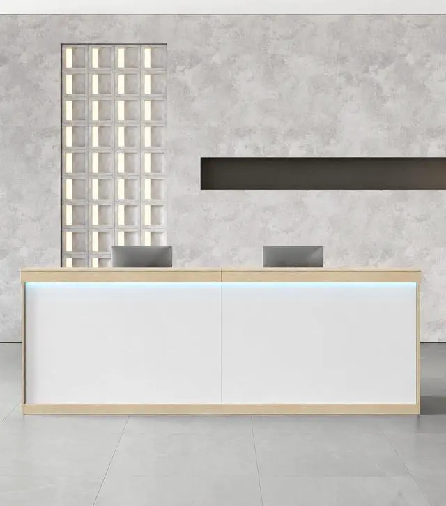 Alt view image 3 of 7 - 71" Reception Desk with LED Lights & Keyboard Tray, Front Desk Reception Counter with Lockable Drawer, Enclosed Cabinet & Cable Grommet for Office, Salon, Lobby, Clinic, Retail (Maple & White)