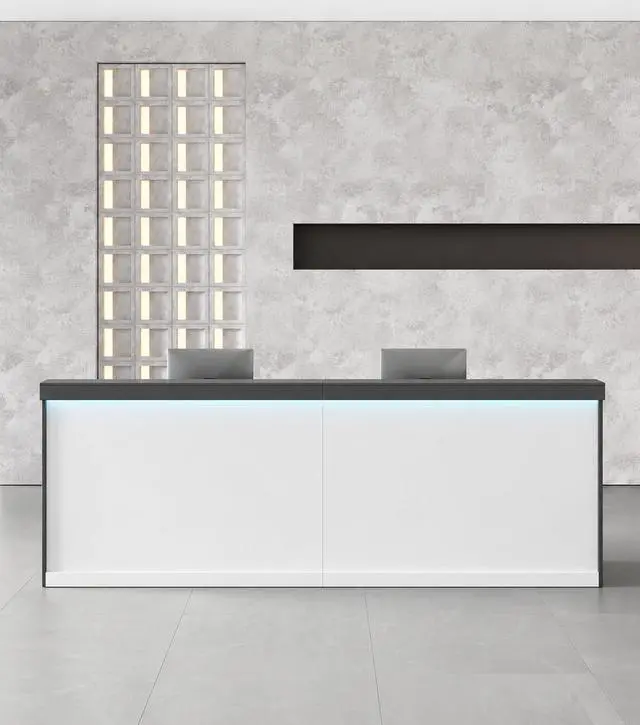 Alt view image 3 of 7 - 87" Reception Desk with LED Lights & Keyboard Tray, Front Desk Reception Counter with Lockable Drawer, Enclosed Cabinet & Cable Grommet for Office, Salon, Lobby, Clinic, Retail (Gray & White)