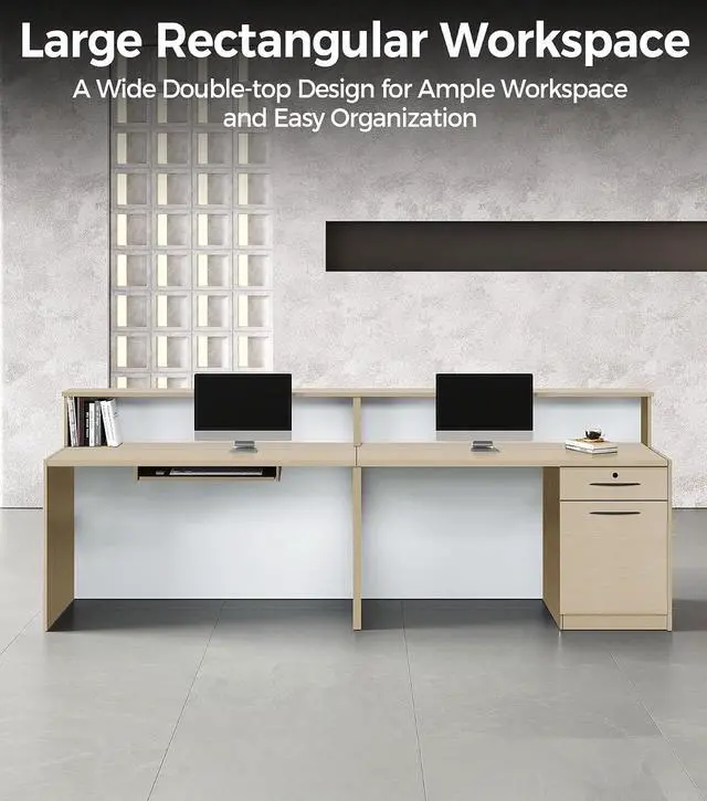 Alt view image 4 of 7 - 71" Reception Desk with LED Lights & Keyboard Tray, Front Desk Reception Counter with Lockable Drawer, Enclosed Cabinet & Cable Grommet for Office, Salon, Lobby, Clinic, Retail (Maple & White)