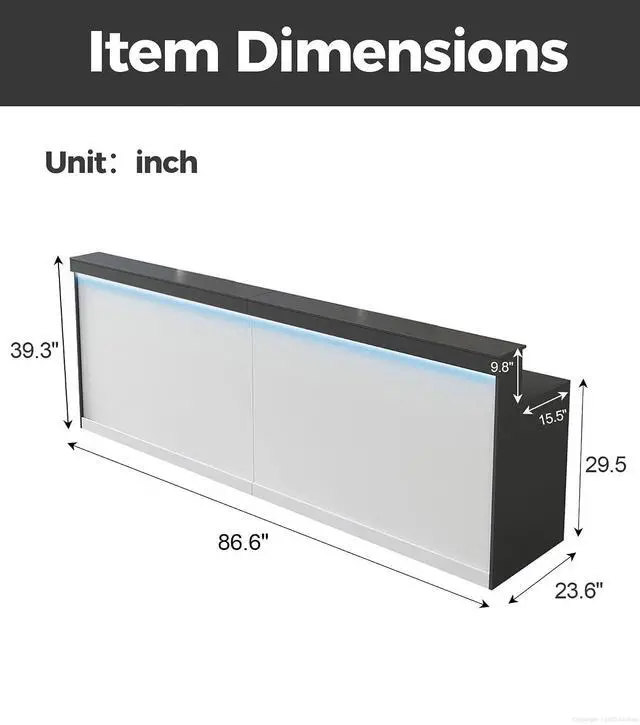 Alt view image 2 of 7 - 87" Reception Desk with LED Lights & Keyboard Tray, Front Desk Reception Counter with Lockable Drawer, Enclosed Cabinet & Cable Grommet for Office, Salon, Lobby, Clinic, Retail (Gray & White)