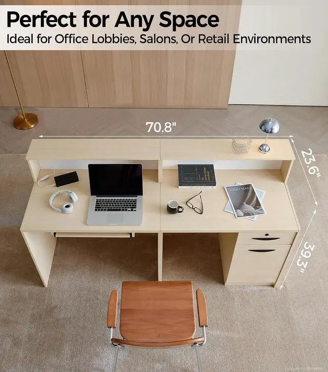 Alt view image 6 of 7 - 71" Reception Desk with LED Lights & Keyboard Tray, Front Desk Reception Counter with Lockable Drawer, Enclosed Cabinet & Cable Grommet for Office, Salon, Lobby, Clinic, Retail (Maple & White)
