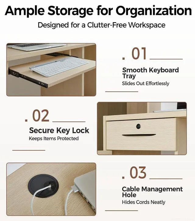 Alt view image 5 of 7 - 71" Reception Desk with LED Lights & Keyboard Tray, Front Desk Reception Counter with Lockable Drawer, Enclosed Cabinet & Cable Grommet for Office, Salon, Lobby, Clinic, Retail (Maple & White)