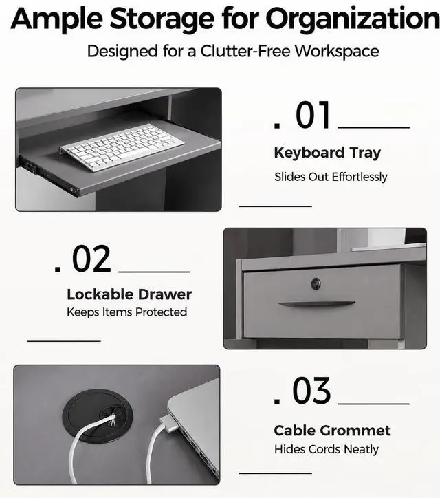 Alt view image 5 of 7 - 87" Reception Desk with LED Lights & Keyboard Tray, Front Desk Reception Counter with Lockable Drawer, Enclosed Cabinet & Cable Grommet for Office, Salon, Lobby, Clinic, Retail (Gray & White)