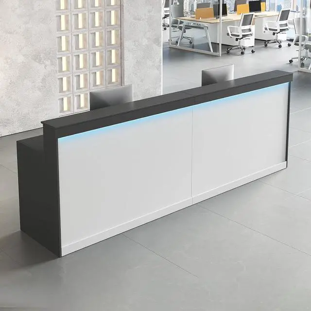 Main image of 87" Reception Desk with LED Lights & Keyboard Tray, Front Desk Reception Counter with Lockable Drawer, Enclosed Cabinet & Cable Grommet for Office, Salon, Lobby, Clinic, Retail (Gray & White)
