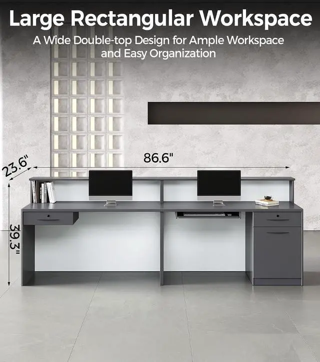 Alt view image 4 of 7 - 87" Reception Desk with LED Lights & Keyboard Tray, Front Desk Reception Counter with Lockable Drawer, Enclosed Cabinet & Cable Grommet for Office, Salon, Lobby, Clinic, Retail (Gray & White)