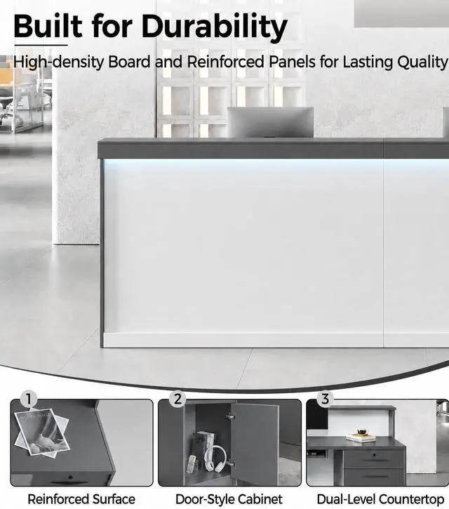 Alt view image 6 of 7 - 87" Reception Desk with LED Lights & Keyboard Tray, Front Desk Reception Counter with Lockable Drawer, Enclosed Cabinet & Cable Grommet for Office, Salon, Lobby, Clinic, Retail (Gray & White)
