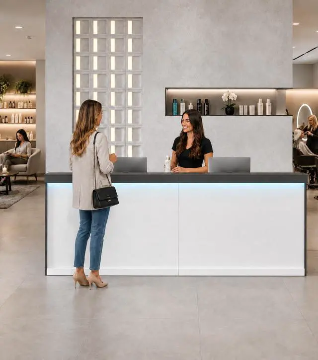 Alt view image 7 of 7 - 87" Reception Desk with LED Lights & Keyboard Tray, Front Desk Reception Counter with Lockable Drawer, Enclosed Cabinet & Cable Grommet for Office, Salon, Lobby, Clinic, Retail (Gray & White)