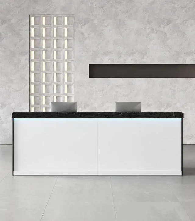 Alt view image 3 of 7 - 71" Reception Desk with LED Lights & Keyboard Tray, Front Desk Reception Counter with Lockable Drawer, Enclosed Cabinet & Cable Grommet for Office, Salon, Clinic, Lobby (Black Grain & White)