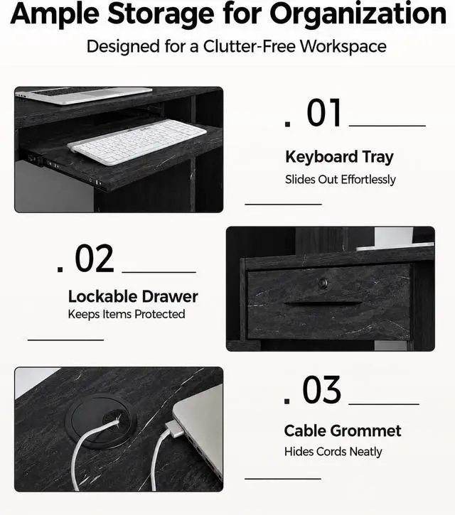 Alt view image 5 of 7 - 71" Reception Desk with LED Lights & Keyboard Tray, Front Desk Reception Counter with Lockable Drawer, Enclosed Cabinet & Cable Grommet for Office, Salon, Clinic, Lobby (Black Grain & White)