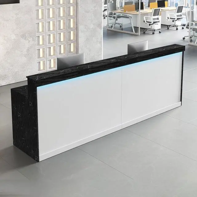 Main image of 71" Reception Desk with LED Lights & Keyboard Tray, Front Desk Reception Counter with Lockable Drawer, Enclosed Cabinet & Cable Grommet for Office, Salon, Clinic, Lobby (Black Grain & White)