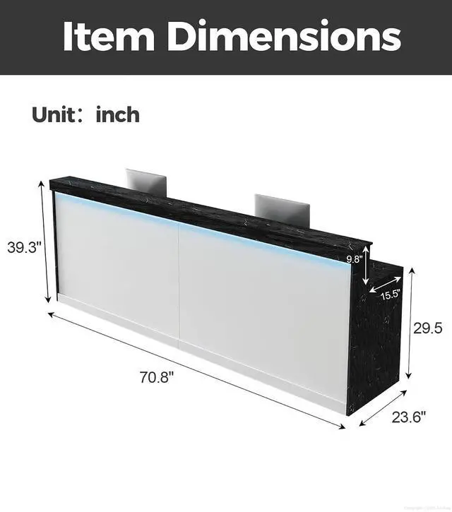 Alt view image 2 of 7 - 71" Reception Desk with LED Lights & Keyboard Tray, Front Desk Reception Counter with Lockable Drawer, Enclosed Cabinet & Cable Grommet for Office, Salon, Clinic, Lobby (Black Grain & White)