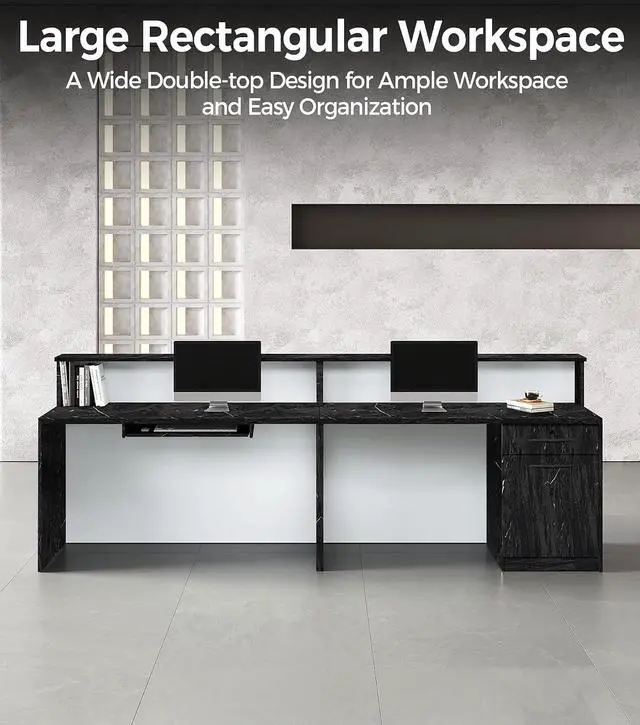 Alt view image 4 of 7 - 71" Reception Desk with LED Lights & Keyboard Tray, Front Desk Reception Counter with Lockable Drawer, Enclosed Cabinet & Cable Grommet for Office, Salon, Clinic, Lobby (Black Grain & White)