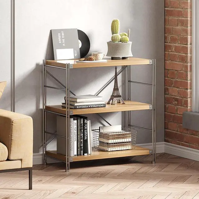 Main image of 3 Tiers Bookshelf, Tall Modern Book Shelves, Bookcase Shelf Storage Organizer, Industrial Free Standing Shelf Unit for Living Room, Bedroom, Home Office, Reading, Silver + Natural