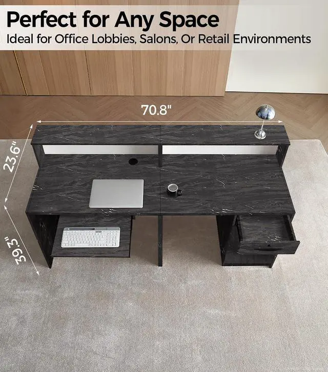 Alt view image 6 of 7 - 71" Reception Desk with LED Lights & Keyboard Tray, Front Desk Reception Counter with Lockable Drawer, Enclosed Cabinet & Cable Grommet for Office, Salon, Clinic, Lobby (Black Grain & White)