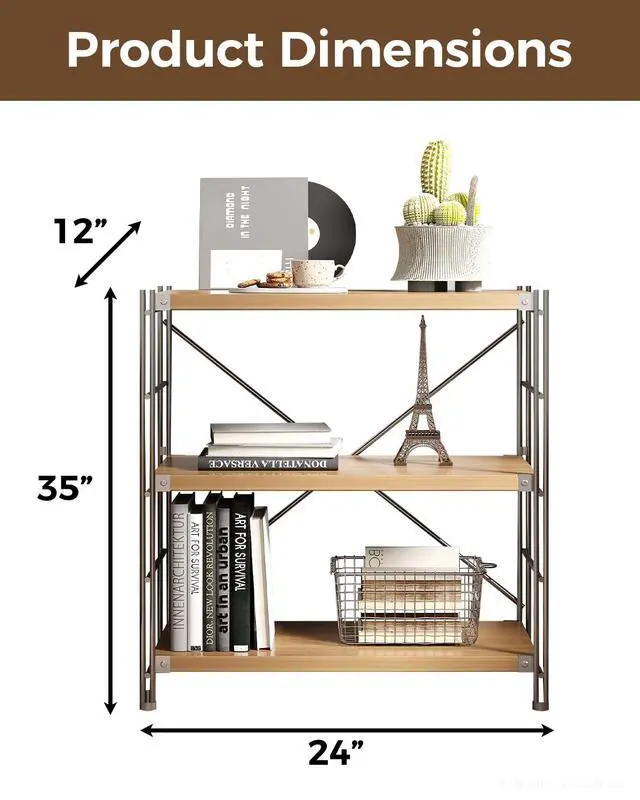 Alt view image 2 of 7 - 3 Tiers Bookshelf, Tall Modern Book Shelves, Bookcase Shelf Storage Organizer, Industrial Free Standing Shelf Unit for Living Room, Bedroom, Home Office, Reading, Silver + Natural