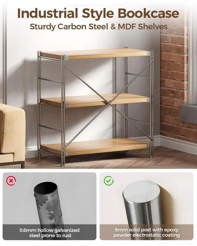 Alt view image 3 of 7 - 3 Tiers Bookshelf, Tall Modern Book Shelves, Bookcase Shelf Storage Organizer, Industrial Free Standing Shelf Unit for Living Room, Bedroom, Home Office, Reading, Silver + Natural
