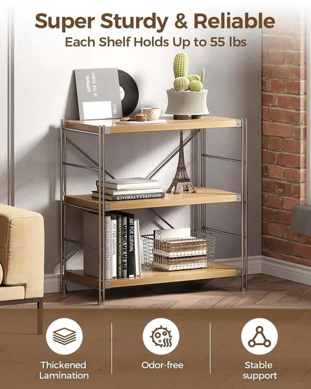 Alt view image 5 of 7 - 3 Tiers Bookshelf, Tall Modern Book Shelves, Bookcase Shelf Storage Organizer, Industrial Free Standing Shelf Unit for Living Room, Bedroom, Home Office, Reading, Silver + Natural
