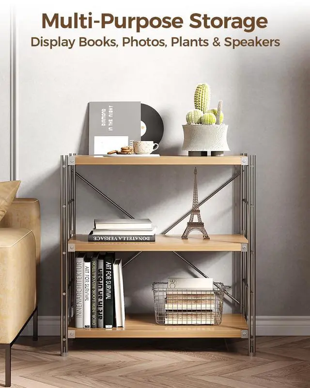 Alt view image 4 of 7 - 3 Tiers Bookshelf, Tall Modern Book Shelves, Bookcase Shelf Storage Organizer, Industrial Free Standing Shelf Unit for Living Room, Bedroom, Home Office, Reading, Silver + Natural