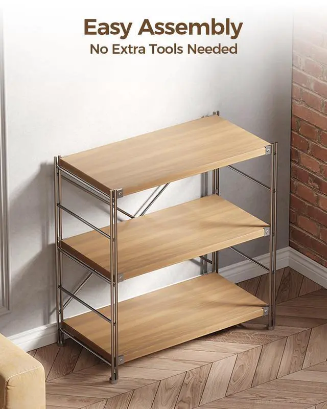 Alt view image 7 of 7 - 3 Tiers Bookshelf, Tall Modern Book Shelves, Bookcase Shelf Storage Organizer, Industrial Free Standing Shelf Unit for Living Room, Bedroom, Home Office, Reading, Silver + Natural