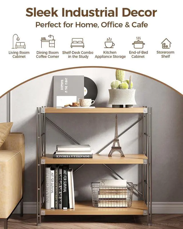 Alt view image 6 of 7 - 3 Tiers Bookshelf, Tall Modern Book Shelves, Bookcase Shelf Storage Organizer, Industrial Free Standing Shelf Unit for Living Room, Bedroom, Home Office, Reading, Silver + Natural