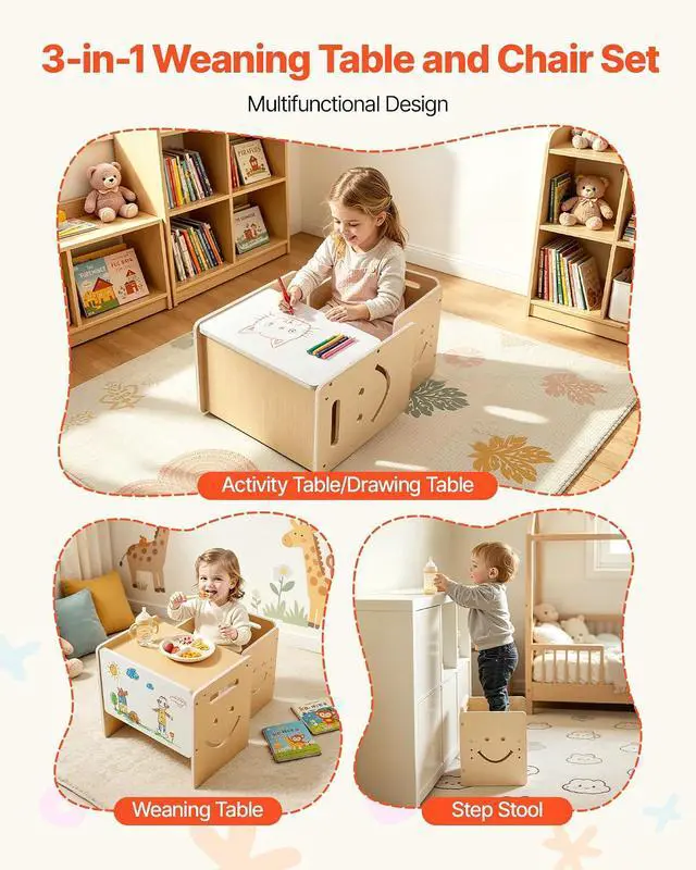 Alt view image 4 of 7 - Montessori Weaning Table and Chair Set, Wooden, Kids Table and Chair Set for Toddlers 1-5, Step Stool with Whiteboard and 3 Heights Adjustable, Easy to Clean, for Eating Drawing Reading Playing