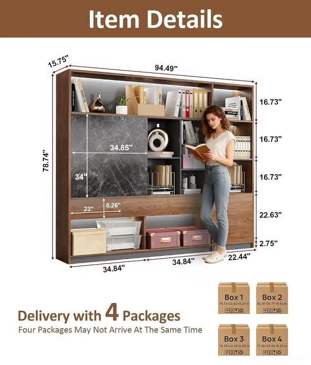 Alt view image 2 of 7 - 94" Large Bookshelf with LED Lights & Sliding Door, Walnut File Cabinet with 3 Drawers, Enclosed Cabinet and Open Shelving for Home, Office, Study (94" L x 16" W x 79" H)