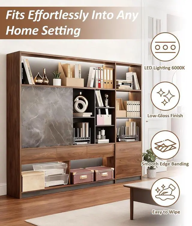 Alt view image 3 of 7 - 94" Large Bookshelf with LED Lights & Sliding Door, Walnut File Cabinet with 3 Drawers, Enclosed Cabinet and Open Shelving for Home, Office, Study (94" L x 16" W x 79" H)