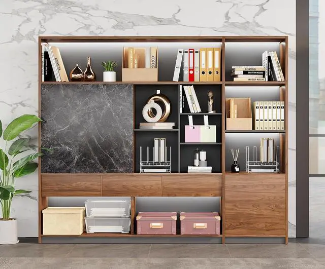 Main image of 94" Large Bookshelf with LED Lights & Sliding Door, Walnut File Cabinet with 3 Drawers, Enclosed Cabinet and Open Shelving for Home, Office, Study (94" L x 16" W x 79" H)