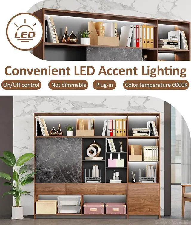 Alt view image 4 of 7 - 94" Large Bookshelf with LED Lights & Sliding Door, Walnut File Cabinet with 3 Drawers, Enclosed Cabinet and Open Shelving for Home, Office, Study (94" L x 16" W x 79" H)