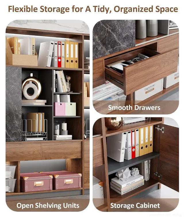 Alt view image 5 of 7 - 94" Large Bookshelf with LED Lights & Sliding Door, Walnut File Cabinet with 3 Drawers, Enclosed Cabinet and Open Shelving for Home, Office, Study (94" L x 16" W x 79" H)