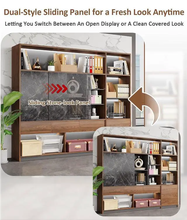 Alt view image 6 of 7 - 94" Large Bookshelf with LED Lights & Sliding Door, Walnut File Cabinet with 3 Drawers, Enclosed Cabinet and Open Shelving for Home, Office, Study (94" L x 16" W x 79" H)