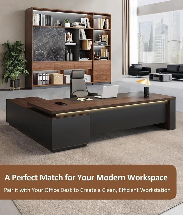 Alt view image 7 of 7 - 94" Large Bookshelf with LED Lights & Sliding Door, Walnut File Cabinet with 3 Drawers, Enclosed Cabinet and Open Shelving for Home, Office, Study (94" L x 16" W x 79" H)