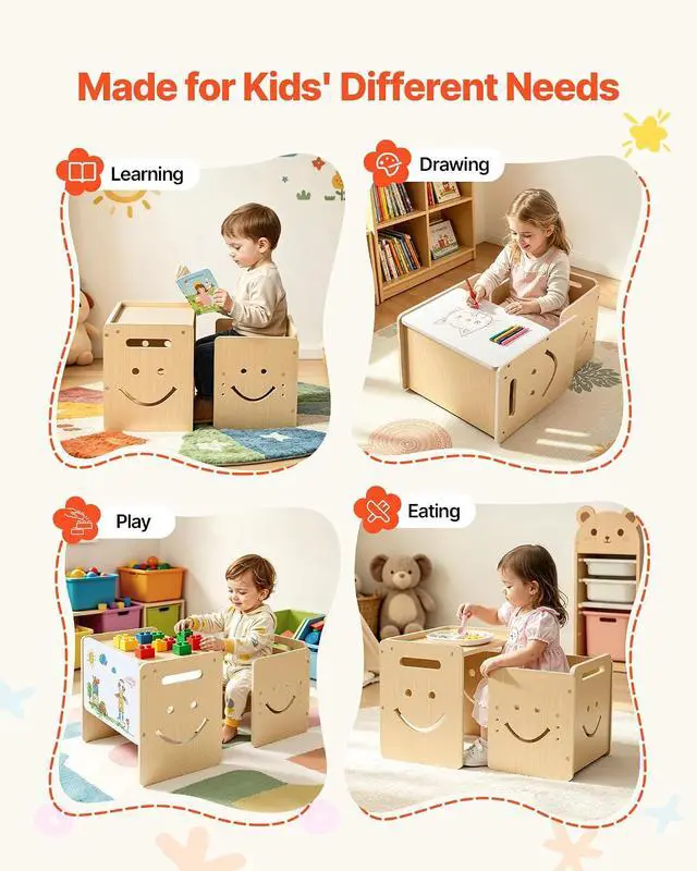 Alt view image 7 of 7 - Montessori Weaning Table and Chair Set, Wooden, Kids Table and Chair Set for Toddlers 1-5, Step Stool with Whiteboard and 3 Heights Adjustable, Easy to Clean, for Eating Drawing Reading Playing
